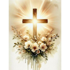 Cross Diamond Painting Kits for Adults, Jesus Cross Diamond Art Kits for Adults Beginners, 5D DIY Flower Round Full Drill Painting with Gem Art Craft Kit for Home Wall Decor 12x16 Inch
