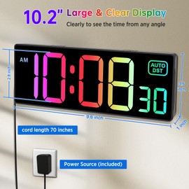 Soobest Digital Wall Clock with Remote Countdown Electrical Timer Seconds for Gym Living Room Office Classroom, 8 RGB Colors, Auto DST, Corded Plug in Digital Clock Large Display 5 Dimmer