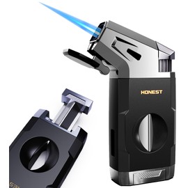 Butane Torch Lighter with V Cutter, Windproof Jet Flame Lighter Torch Refill, Adjustable Refillable Butane Lighter Gifts for Men, with Fuel Window, Butane not Include