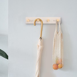 HASWARE 16'' Wall Mount Coat Hooks, Wooden Coat Rack with 4 Hooks Aluminum Wall Hooks, for Hat Towel Hanger Key Bag (White Plate & Golden Hook)