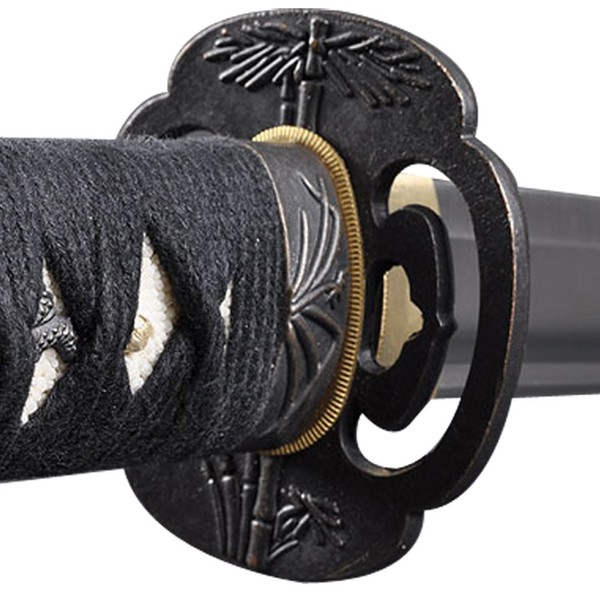 Handmade Sword - Japanese Style Samurai Katana Swords, Practical, Hand Forged, 1045 Carbon Steel, Heat Tempered, Full Tang, Sharp, Bamboo Tsuba, Black Wooden Scabbard