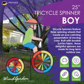 Tricycle Spinner Boy 25" – Classic Childhood Design, Weather-Resistant Outdoor Decor, Durable & Lightweight for Patios, Yards, and Gardens - Eye-Catching Wind Spinner with Rotating Wheels