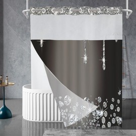 surun 71"*74" No Hook Shower Curtain with snap Lining Diamond Shower Curtain Double Layer Shower Curtain Hotel Style with See Through Top Window Waterproof Inner Liner Washable（Black）