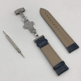 One-push Watch Band, Genuine Leather, D Buckle, Crocodile Embossed Belt, Spring Bar Removal Included, blue (navy blue)