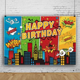 7x5ft Superhero Cityscape Backdrop Skyline Buildings Super City Boom Blue Red Photography Background Kids Boys Birthday Banner Party Baby Shower Superhero Theme Decorations Portraits Photo Props