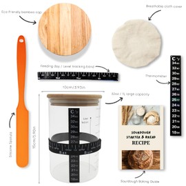 [Premium Glass] Sourdough Starter Kit - 1L Large Wide Mouth Sourdough Starter Jar, Recipe, Spatula, Thermometer, Date Marked Feeding Band, Cloth Cover - Sourdough Bread Baking Supplies Tools (Orange)