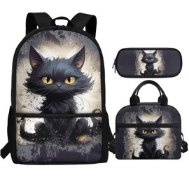 CLOHOMIN Black Cat Backpack with Lunch Box Kids Girls 5th Grade 3 in 1 Big Capacity School Book Bag Set for Boys Ages 8-11 Insulated Lunch Bag for High School Student School Pencil Bags