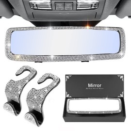 DRAMLOR Bling Rear View Mirror Accessories with 2 PCS Bling Car Seat Hooks for Headrest, Universal Bling Rear View Mirror Cover Diamond Rear View Mirror for Women ＆ Girls