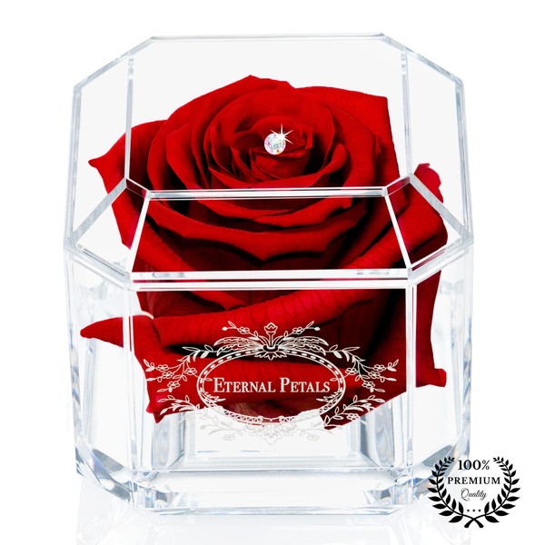 Eternal Petals A 100% Real Rose That Lasts Years, Handmade in UK – White Gold Solo with A Multicolor Swarovski Crystal (Deep Red)