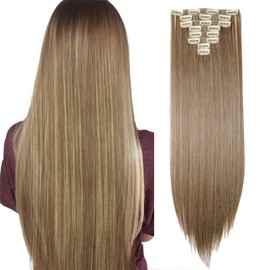23" Long Straight Clip in Hair Extensions Full Head 8Pcs 18Clips Ombre Colorful Synthetic Hair Clip in Hairpiece Ash Brown mix Bleach Blonde