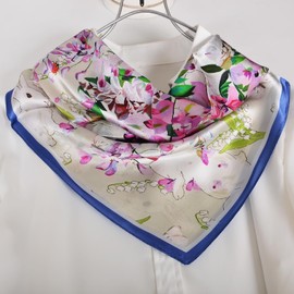 Sichdew 100% Mulberry Silk Square Scarf For Women 21''*21" Floral Rabbit Design Lightweight Small Real Silk Scarves for Hair (white)