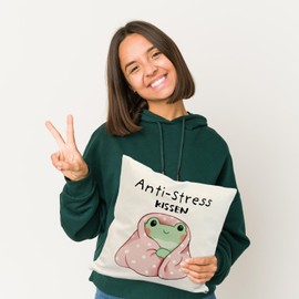 Frog in Pink Blanket Cushion with Saying Anti-Stress Cushion Relaxing Decorative Cushion in Kawaii Design - Cute Relax Bed Accessory for Anti-Stress Relaxation