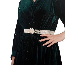 Jumwrit Elastic Pearl Belt for Women Rhinestone Big Pearl Flower Waist Chain Layered Pearl Wedding Dress Belt Sash Off White Round Pearl Bridal Belt（Style 5）