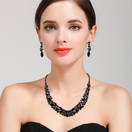 BriLove Wedding Bridal Jewelry Set for Women Austrian Crystal Marquise Cluster Collar Necklace Dangle Earrings Black Black-Silver-Tone