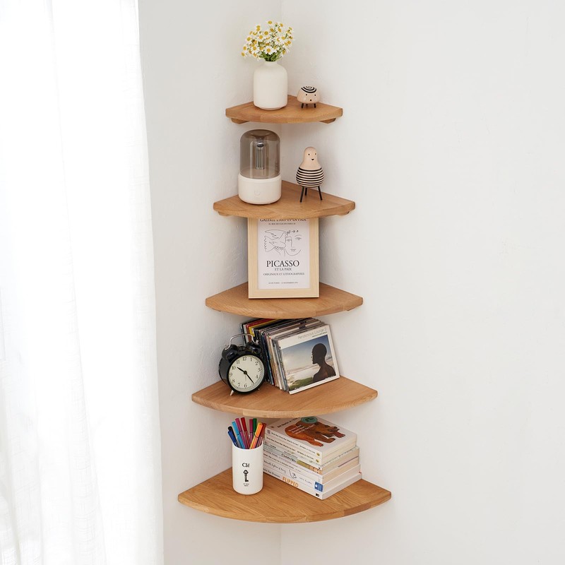 TREOAKWIS Corner Shelf - Solid Oak Wood Floating Corner Shelves
