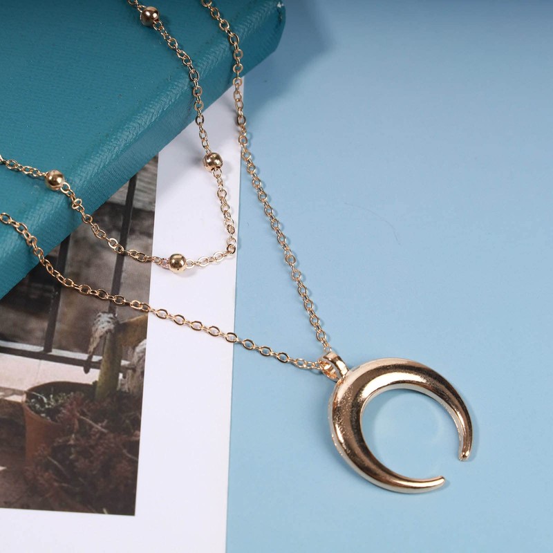 Andelaisi Boho Layered Choker Necklace Gold Moon Necklace Chain Crescent