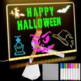 YUYIUS LED Acrylic Message Board, Light Up Acrylic Dry Erase Board 7.9x7.9” with Stand, LED Note Board with Colors for Kids, Glow Memo Message Writing Board with Light, Drawing Stencils Set Included