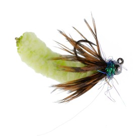 The Fly Fishing Place Tungsten Bead Chartreuse Mop Fly Tactical Jig Czech Euro Nymph Barbless Nymphing Fly - 6 Flies Size 14