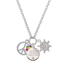 Delight Jewelry Silvertone Large Multicolored Daisy on Peace Sign Explore Dream Discover Zoey Charm Necklace, 28"