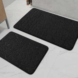 chakme Bathroom Rugs Sets 2 Pieces, Cobblestone Memory Foam Bathroom Mats Set Thick, Non-Slip Bath Mats for Bathroom, Absorbent, Washable, Black Bath Rugs for Tub, Toilet and Floor