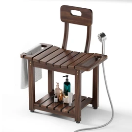 BLUEWEST 23.4'' Shower Chair with Backrest Bath Chair for Inside Shower or Tub, Heavy Duty 450 lbs Support, Non-Slip Feet, Shelf Storage, Built-in Handles for Elderly or Adults (Acacia)
