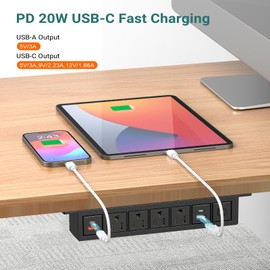 Under Desk Power Strip with 20W USB C, QBA 8-in-1 Desk Outlet Station, 4 AC Outlets, 2 USB-C, 2 USB-A, 10FT Cable, Desk Mount Power Strip for Home Office Conference, ETL Listed(Black)