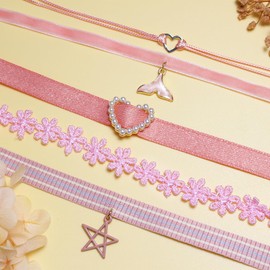 6PC Color Chokers Set For Women Heart Pearl Choker Necklaces Flower Pendant Velvet Cute Choker Necklace Classic Tattoo Lace Chokers (HotPink)