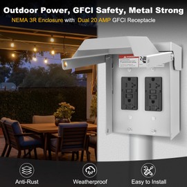 Outdoor Electrical Outlet Box,Dual 20 AMP WRTR GFCI Receptacles, Weatherproof Metal Outdoor Electrical Outlet Box, Waterproof 3R Cover