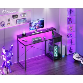 AODK Gaming Desk with LED Lights & Power Outlet, 48 Inch Computer Desk with Drawer, Reversible Desk with Adjustable Monitor Shelf & Headphone Hook for Home Office, Black