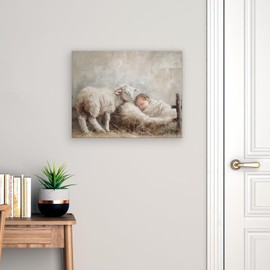 laveliabel Christian Nativity Canvas Wall Art, Birth of Jesus Wall Art Prints, Christmas Xmas Baby Jesus and Lamb Paintings Wall Decor for Home Room Bedroom Church Office, 14x11 Inch Framed