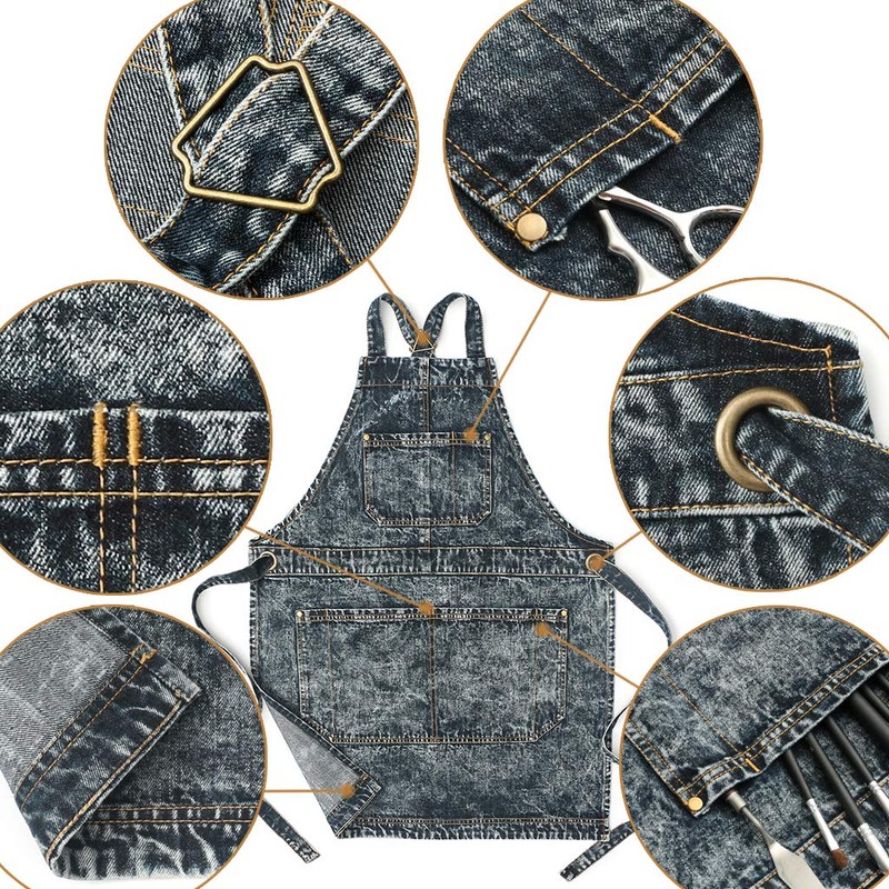 Jeanerlor Denim Work Shop Cross Back Aprons with Pockets for