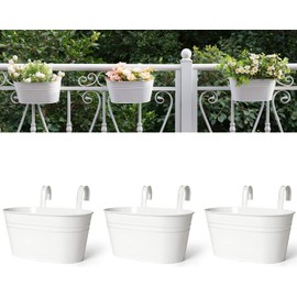 Dahey 3 Pcs 10.5 Inch Metal Iron Hanging Flower Pots for Railing Fence Hanging Bucket Pots Countryside Style Window Flower Plant Holder with Detachable Hooks Home Decor,White
