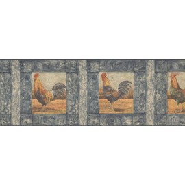 CONCORD WALLCOVERINGS ™ Wallpaper Border Country Pattern Frames Roosters for Cottage Kitchen Dining Room, Blue Gray Brown, 15 ft by 7 in WD76840