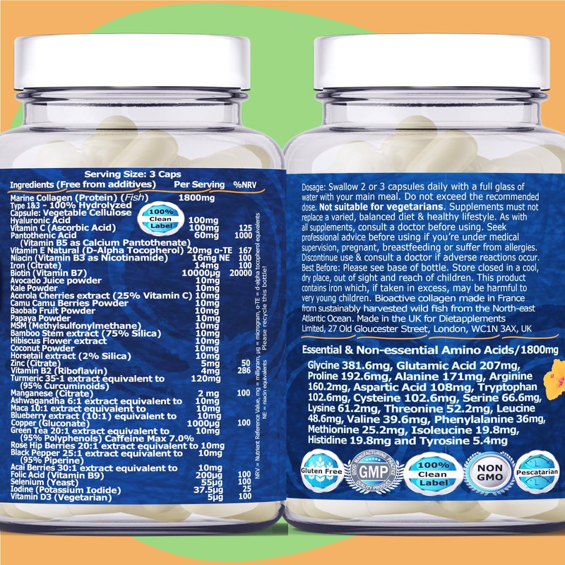 Marine Collagen Type1&3 1800mg, Biotin 10000mcg/serving, Hyaluronic Acid, Vitamins, Minerals,