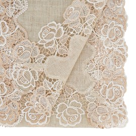 SARO LIFESTYLE Norma Collection Lace Rose Border Table Runner, 16" x 108", Natural