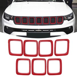 Front Grille Grill Inserts Cover Compatible with Jeep Compass 2017 2018 2019 2020 2021 ABS Grill Cover Rings Frame Trims Kit 7PC (Red)