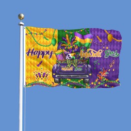 SENSEVEN Truck Mardi Gras Flags for Outside 3x5 Ft, Rustic Car Carnival Yard Flag, Fleur de Lis Mask Bead New Orleans Holiday Flag, Spring Outdoor Banner for Porch Decor, Mardi Gras Party Supplies