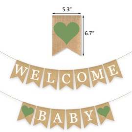Sage Greenery Welcome Baby Banner Sign Pre-Strung Heart Burlap Garland For Boy And Girl Gender Neutral Baby Shower Decorations