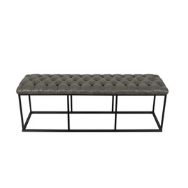 HomePop Upholstered Button Tufted Decorative Bench with Metal Base, Gray Faux Leather