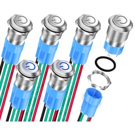 DaierTek 6Pcs Mini Round Waterproof Push Button Switch 12mm ON Off Latching 1NO Pushbutton Self-Locking with Blue LED 12V