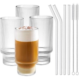 4 PACK, 11 OZ -Premium Ribbed Drinking Glass Cups with Straws. Stackable Ribbed Glassware, Origami Style Ridged Glass Tumbler, for Iced Coffee, and Iced Tea. - Color: 4pcs 11 OZ &4PCS 6 OZ without straws