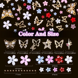 2 Boxes Flowers Butterfly Nail Charms Gems Set, 26 Pcs Gold Butterflies Star Rhinestones Nail Jewelry Charms for Alloy Nails, Color Flowers Nail Art Charms for Nails Art DIY Design