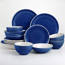 Euro Ceramica FEZ-86621B Fez Reactive Crackle-Glaze Serveware Collection, Teardrop Mandala Design, Service for 4, Blue 16-Piece Double Bowl Dinnerware Set