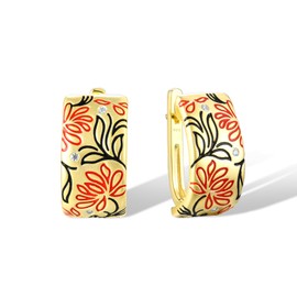 Santuzza 925 Sterling Silver Red Lotus Earrings Cubic Zirconia Enamel Flower Leaves Dangle Earrings for Women