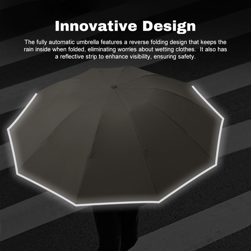 Fully Automatic Umbrella with Carabiner Handle, 10 Ribs Reverse Folding