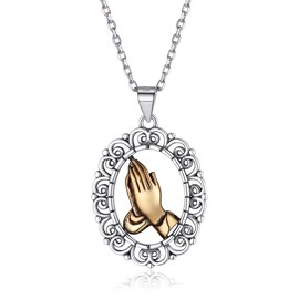 Prayer Necklace Gold&Silver Two Tone Praying Hands Pendant Necklace Christian Jewelry for Women Men, Chain 18''
