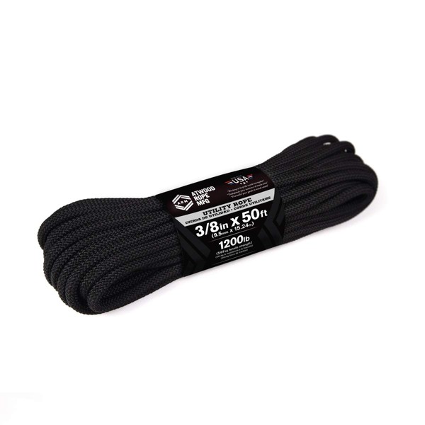 Atwood Rope MFG 3/8” inch 50ft Braided Utility Rope. Black, 50ft Made in USA, Lightweight Strong Versatile Rope for Camping, Survival, DIY, Knot Tying