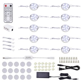 LABOREDUCER LED Dimmable Under Cabinet Lighting Plug in,10 Pack Linkable Puck Lights with Remote Control,Hardwired Cabinet Lights with Timer for Kitchen Counter,Wardrobe,Bookcase (Cool White)