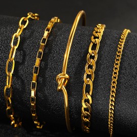 Bracelet for Men Gold Cuban Link Chain Bracelets Layered Open Bangle Cuff Bracelets Stackable Paperclip Bracelets Gold Jewelry Set for Men