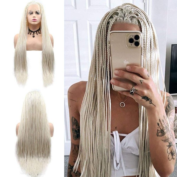 Platinum Blonde Braided Wigs for Afro Women Long Straight White Box Braid Wig Pre-Plucked Hairline Micro Glueless Synthetic Braids Lace Front Wig Heat Resistant Soft Braiding Hair Cosplay Daily 26"